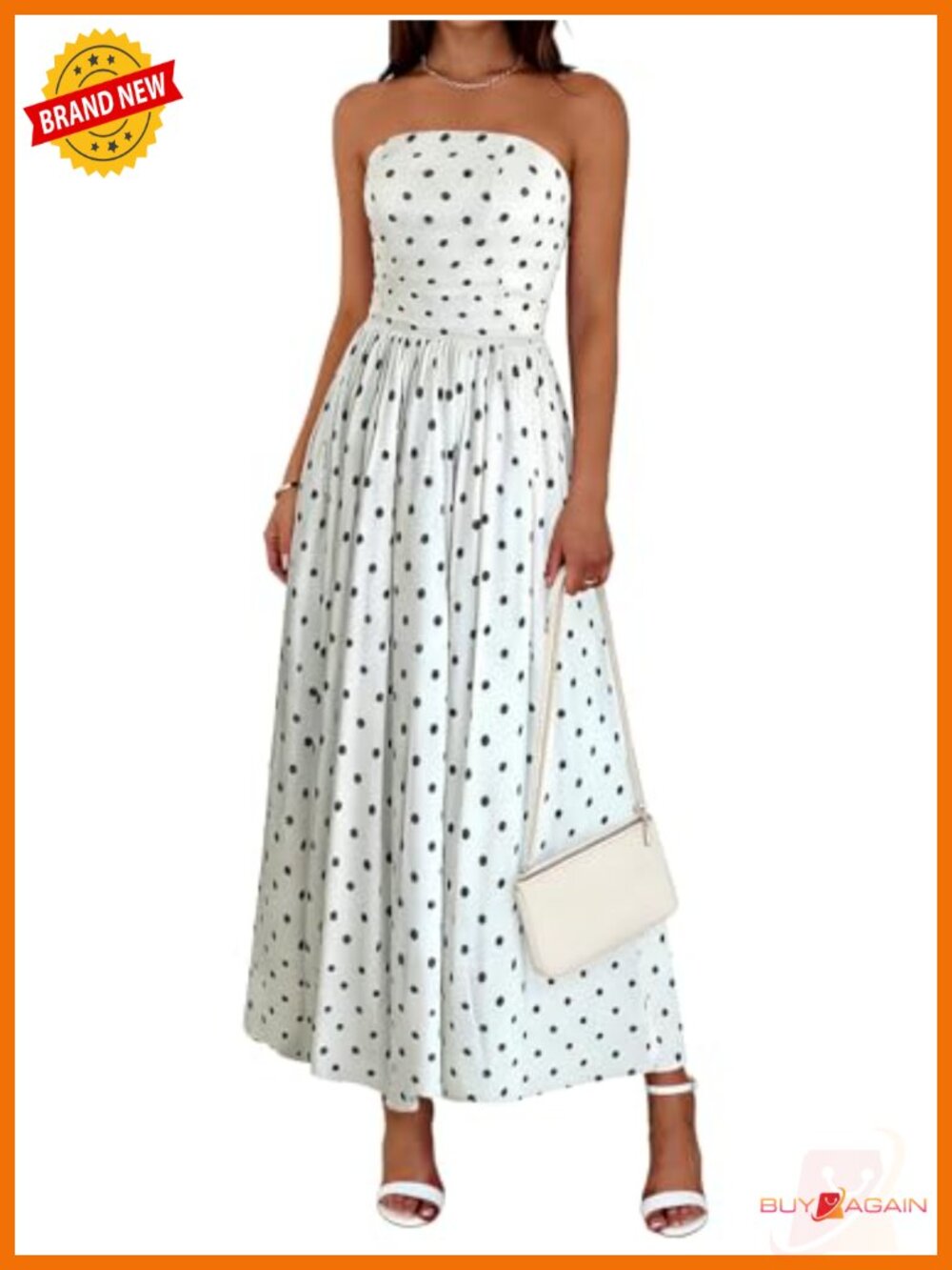 Womens Strapless Maxi Dress Smocked Polka Dot A-Line Summer